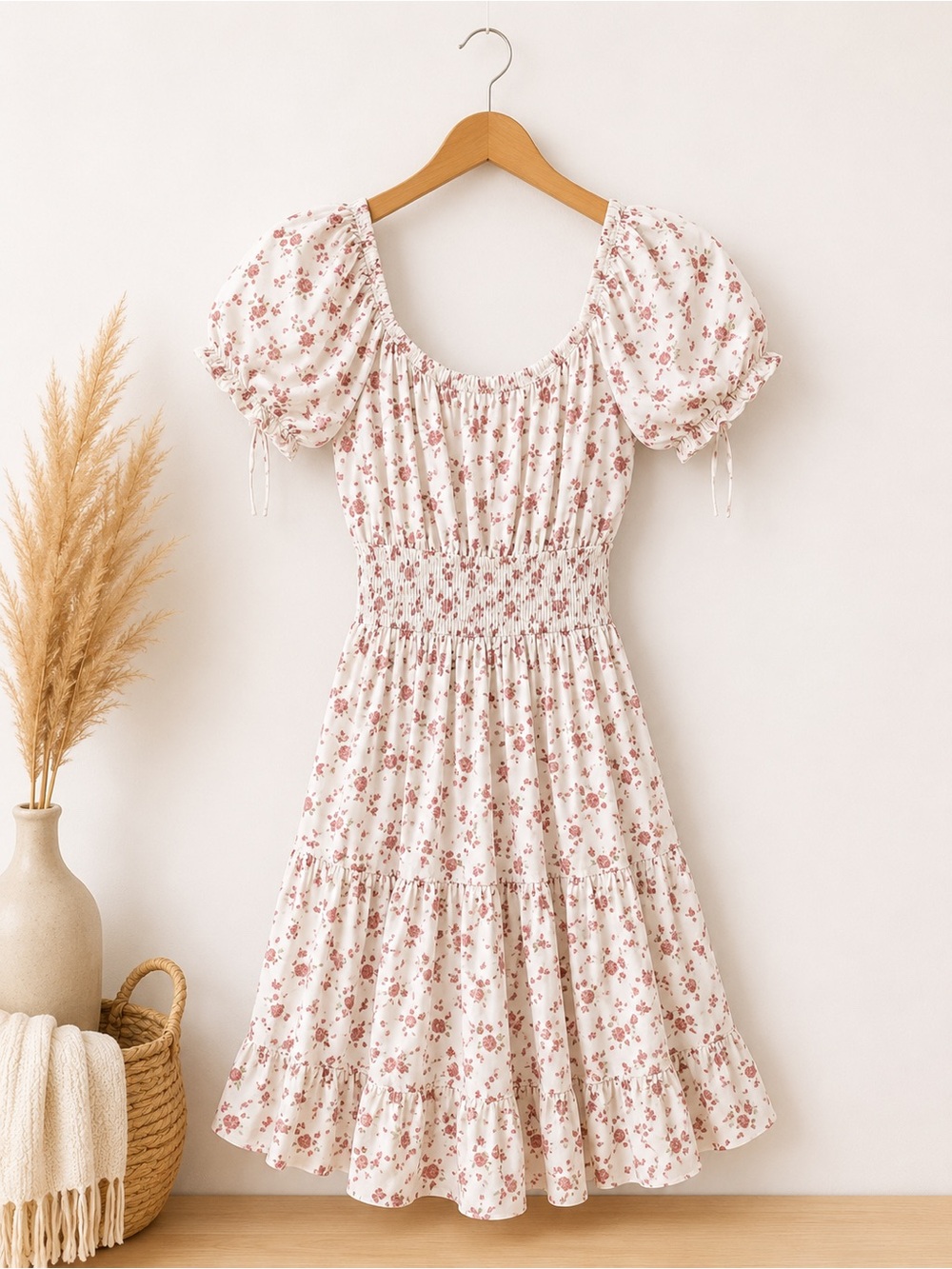 Hollister White Midi Dress with Pink Floral Print